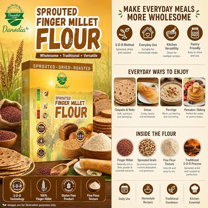 Danodia Foods Organic Finger Millet Flour 2lbs | Gluten Free, Low GI, Sprouted, Roasted & Ground Millet Flour for Flatbread, Pancakes & Baking, Cookies, Pizza Base