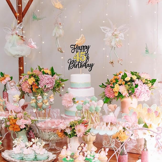 1 PCS Happy 45th Birthday Cake Topper Black Gold Glitter Cheers to 45 Years Birthday Cake Pick 45 Fabulous Cake Decoration for Happy 45th Birthday Anniversary Party Decorations Supplies
