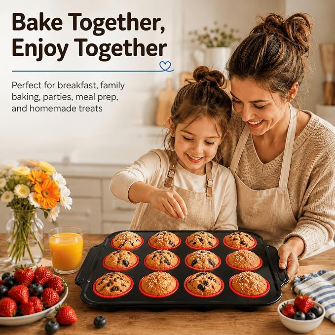 Silicone Muffin Pans for Baking with Metal Reinforced Frame, Muffin Tin Egg Bites Mold 12-Cup Regular Size, Nonstick Muffin Cups Tray Easy to Pop Cupcake Pan for Oven & Dishwasher Safe - Red