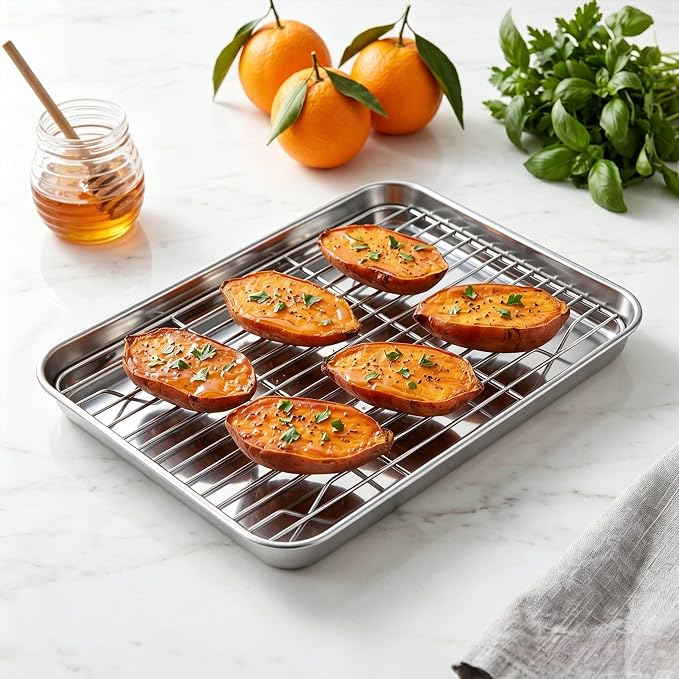 Homikit 9x7 Inches Baking Sheet with Wire Rack Set (2 Pans + 2 Racks) | Stainless Steel Mini Baking Pans with Cooling Racks, Small Metal Cookie Bacon Toaster Oven Tray for Baking, Dishwasher Safe