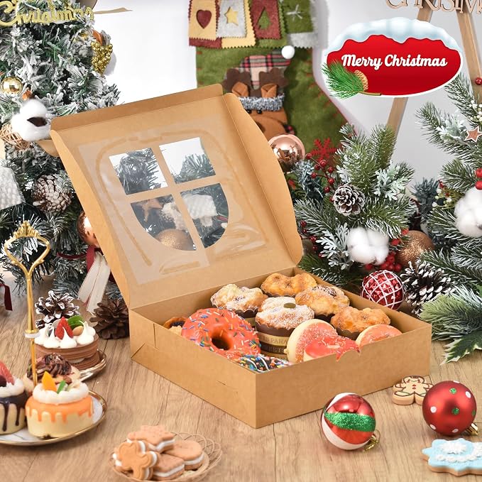 COTOPHER 18Pcs Christmas Cookie Boxes with Window, 10x10x2.5 inch Brown Bakery Boxes for Gift Giving, Kraft Treat Boxes Dessert Boxes for Cakes Donuts Chocolate Strawberries Pastries Muffins