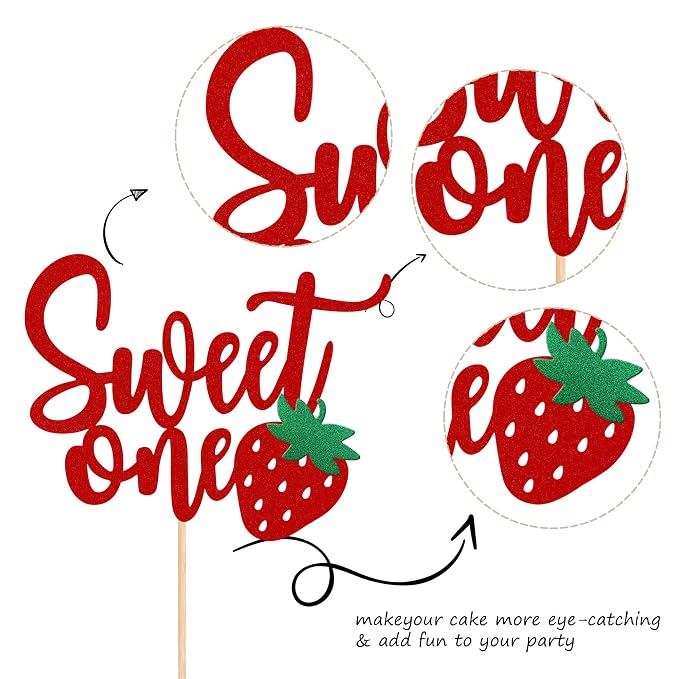 1 PCS Strawberry 1st Birthday Cake Topper Glitter Sweet One First Birthday Strawberry Cake Pick Decoration for Sweet Fruit Theme Baby Shower Kids Birthday Party Supplies Red