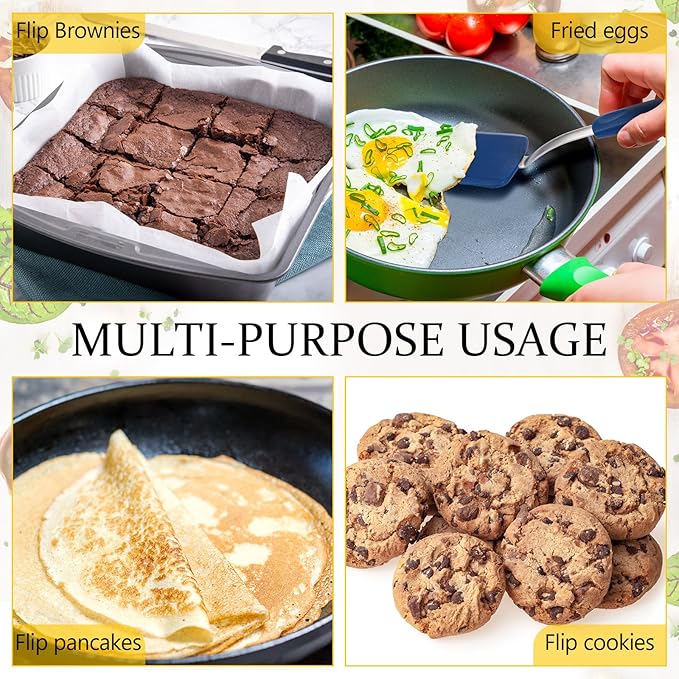 Silicone Cookie Spatula Turner 2 Pack Mini Brownie Spatula Flexible Kitchen Small Silicone Turner for Nonstick Cookware Heat Resistant No Scratch Flipper for Pancake(Solid Flat,Black,Blue)