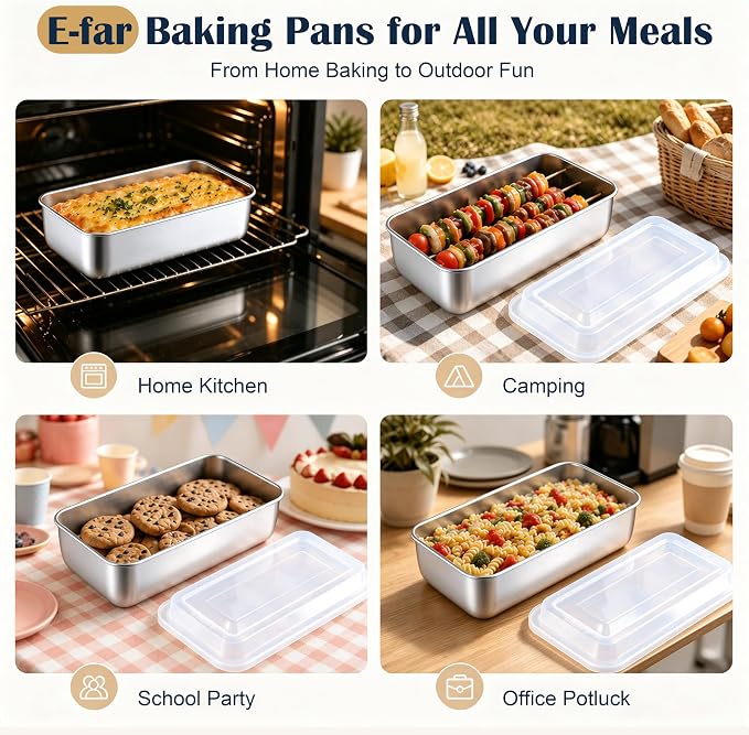 E-far Loaf Pan with Lids, 9 x 5 Inch Stainless Steel Bread Pans for Homemade Bread, Rectangle Baking Tins for Sourdough, Meatloaf, Banana Cake, Nontoxic & Dishwasher Safe - Set of 2