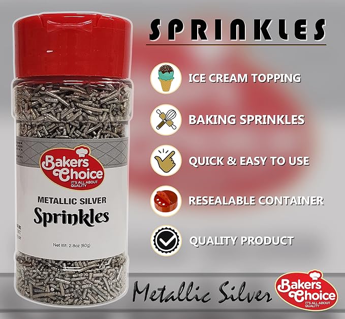 Bakers Choice Metallic Silver Sprinkles for Baking - Jimmies Sprinkles for Ice Cream Toppings - Dairy Free, Kosher 2.8 oz.
