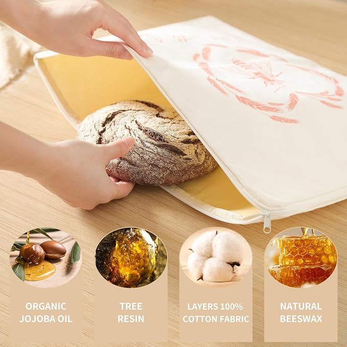 Premium Beeswax Bread Bags for Sourdough with Wide Zipper Access, 2 Pack XL(13x17in) Reusable Organic Beeswax-Coated Linen Cotton Bread Bags for Homemade Bread, Keeps Bread Fresh Naturally
