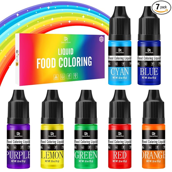 Food Coloring - Rainbow Liquid Icing Food Coloring Set for Baking, Cake Decorating, Easter Egg, Airbrush - 7 Colors Tasteless Edible Food Color Dye for Fondant, Drinks, DIY Slime, Crafts - 15g Each