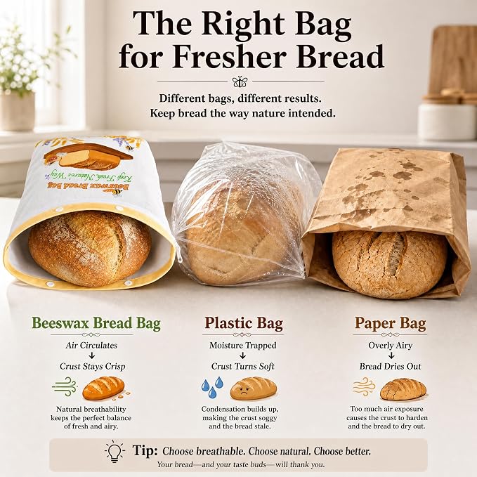 Removable Beeswax Bread Bags for Sourdough 3 Pack, Natural Bees Wax Bread Bag with Zipper,XL+M+S,Reusable Eco-Friendly Fresh Homemade Loaf Keeper, Gift for BakerS