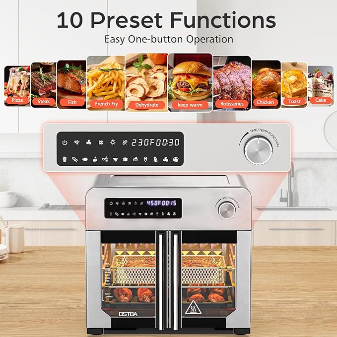 OSTBA French Door Air Fryer Toaster Oven Combo, 24QT 10-in-1 Oven | 10-in-1 Cooking, 1700W Power, Adjustable Fan Speed, Rotisserie Function, 102-Recipe Book, 6 Accessories
