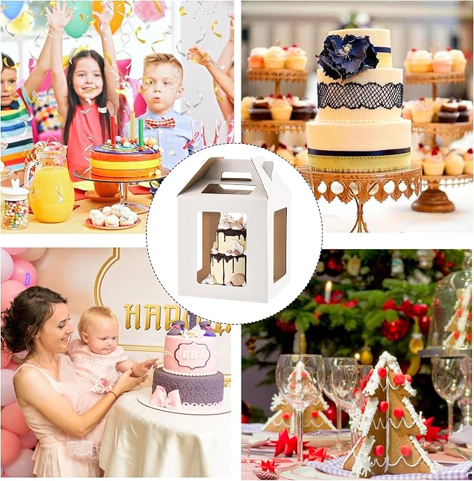 Tall Cake Boxes 6 Windows with handle, In 3 Size 10x10x10&12x12x12&14x14x14inch Cake Carrier,Square Cake box,Take Out Transport Containers for Wedding, Birthday, Party(5Pcs-White)