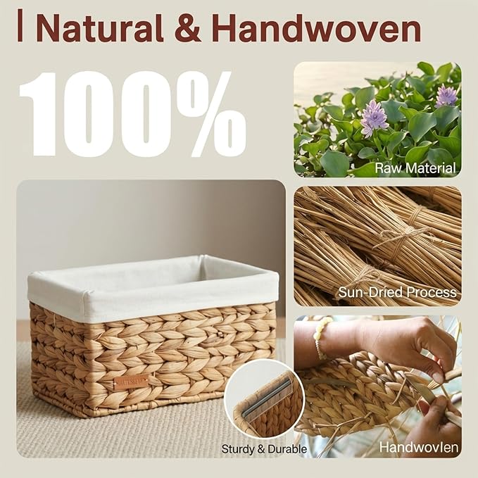 Water Hyacinth Wicker Baskets for Storage, Handwoven Rattan Shelf Basket for Organizing Pantry Closet Bedroom, 100% Natural Decorative Woven Organizer with Handles and Waterproof Canvas, 6 Pack