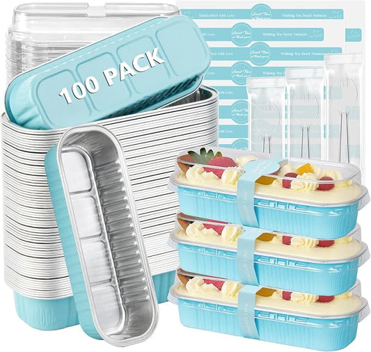 Ruckae 100 Pack Mini Loaf Pans with Lids and Spoons Disposable Aluminum Tin Foil Pans Rectangle Mini Loaf Cake Pan for Baking,Party,Picnics,Gifts Light Blue