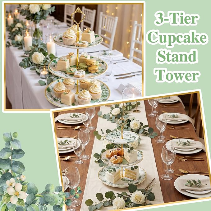 Lallisa 3 Tier Greenery Dessert Stand 10", 9" and 7" Ceramic Sage Green Eucalyptus Tiered Serving Tray with Gold Rack, Round Cupcake Display Tower for Wedding Baby Bridal Shower Tea Party Decoration