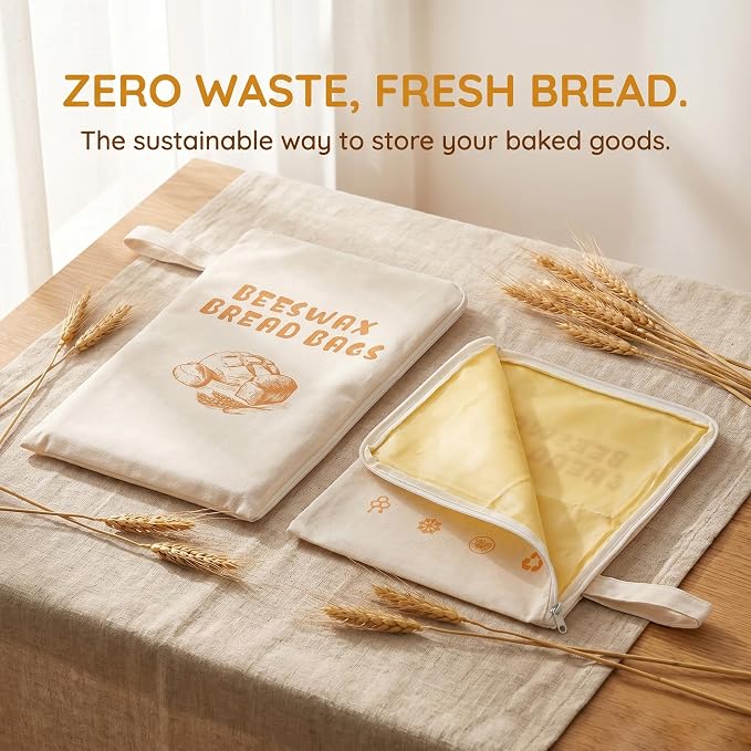 2 Pack Beeswax Bread Bags for Sourdough Homemade Bread,XL Reusable Organic Cotton Linen Bread Bag with Zipper Access, Homesteading Essentials Food Storage to Keep Fresh