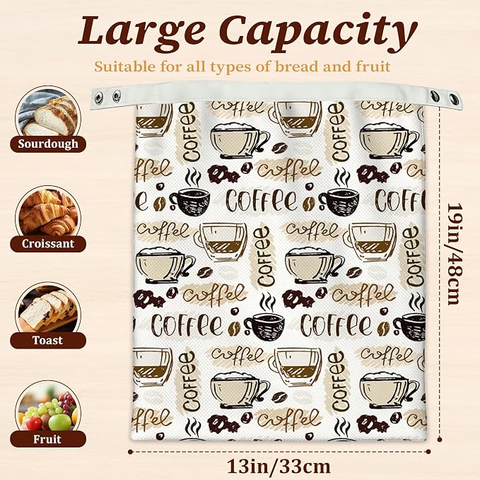 Bread Bags for Homemade Bread, Coffee Time 2 Pack Linen and Beeswax Sourdough Storage Bags, Reusable Keeper, Keeps Breads Fresh Longer, Gifts for Bakers