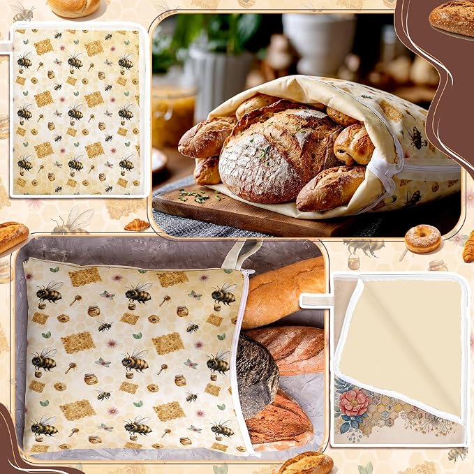 Hahafelt 2 Pack Beeswax Bread Bags with Zipper Seal for Sourdough and Homemade Bread XL Reusable Organic Linen Cotton Beeswax Loaves Food Storage Bag to Keep Fresh(Honey)