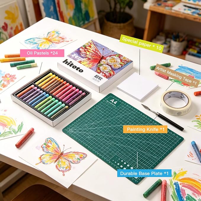 rubens Soft Oil Pastels Set (24 Macaron Colors), Painting Kit, Art Supplies, Includes Oil Pastels Set, 1 Palette Knife, 1 Roll of Masking Tape, 30 Sheets Oil Pastel Paper, 1 Base Plate