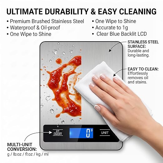 33lb/15kg Digital Food Scale for Kitchen, Measuring Recipes, Meat, Pet Care | 1g High Precision Stainless Steel Scale with Timer, Tare & Unit Conversion (g/oz/ml/lb) for Baking, Coffee, Bread, Meat