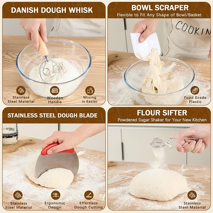 Sourdough Starter Kit & Sourdough Bread Baking Supplies-10" Round & Oval Banneton Proofing Baskets, 32 oz Sourdough Starter Glass Jar, Bread Making Tools, for Bread Making/Baking Fermentation