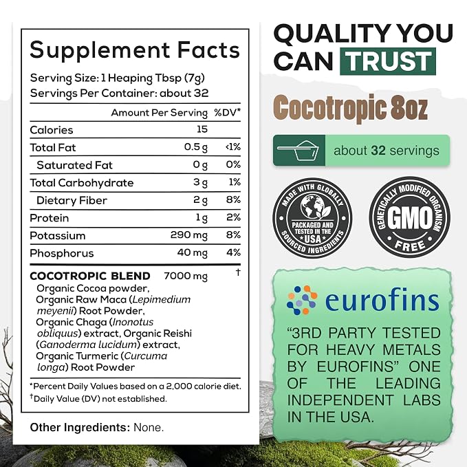 Wild Foods Organic Cocotropic Superfood Mushroom Hot Chocolate Mix, 8 oz | Non-GMO, Vegan, Gluten Free, Reishi Mushrooms, Chaga