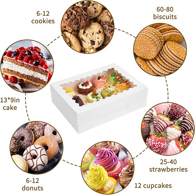 Moretoes 40pcs 14x10x4in Sheet Cake Boxes, Quarter Sheet Bakery Boxes with Window, for Pastry Baking Cake, Cupcakes, Donuts, Cookies, Pie Treat Packaging, White Large