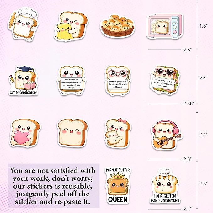 Bread Stickers, Sourdough Stickers 50PCS – Waterproof Vinyl Positive Food Decals for Water Bottles, Laptops, Journaling – Non-Repeating Decals, High-Definition Print Gift for Womens