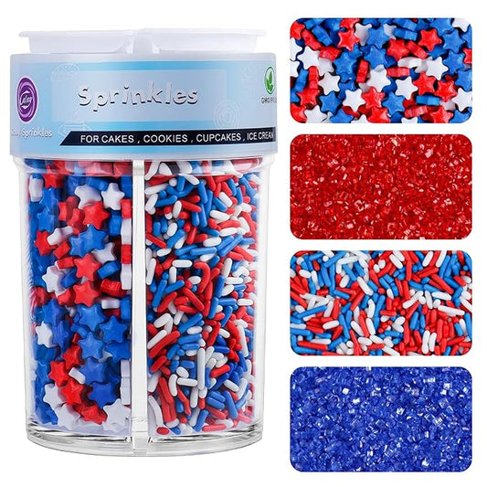 Red White and Blue Sprinkles for Cake Decorating, 4th of July Patriotic Sprinkles with Sanding Sugar Jimmes Stars for Ice Cream Cupcakes Brownie Cookie Baking Topping