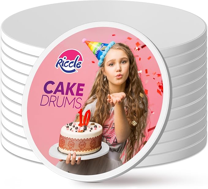 RICCLE Cake Boards - 10 Inch Cake Drums - Smooth-Edged Pack of 12 Cake Drums - Sturdy Cake Boards Round - Bend Resistant Multi-Layered Cake Base for Minimalist Displays