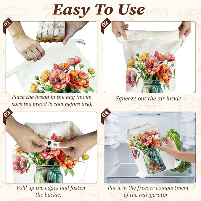Beeswax Bread Bags, 2 Pack for Homemade Bread and Sourdough Storage | Flowers in Jar, Reusable Polyester Bread Storage With Beeswax Coating And Snap Closures