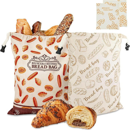 2 Pack Beeswax Bread Bags, Reusable Bread Bag for Homemade Sourdough Bread, 16.5 X 12.6 Inch Beeswax-Lined Linen Storage Bags With Zipper & 2pcs Beeswax Wraps for Food, Pastry, Baking Storage