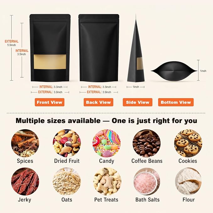 FireKylin 100 Pcs Resealable Bags, Paper Stand Up Pouches Bags with Matte Window for Small Businness, Zipper & Heat Sealable Treat Bags for Packaging(Inner Size 3.3" x 3.5"; Outer Size 3.9" x 5.9")