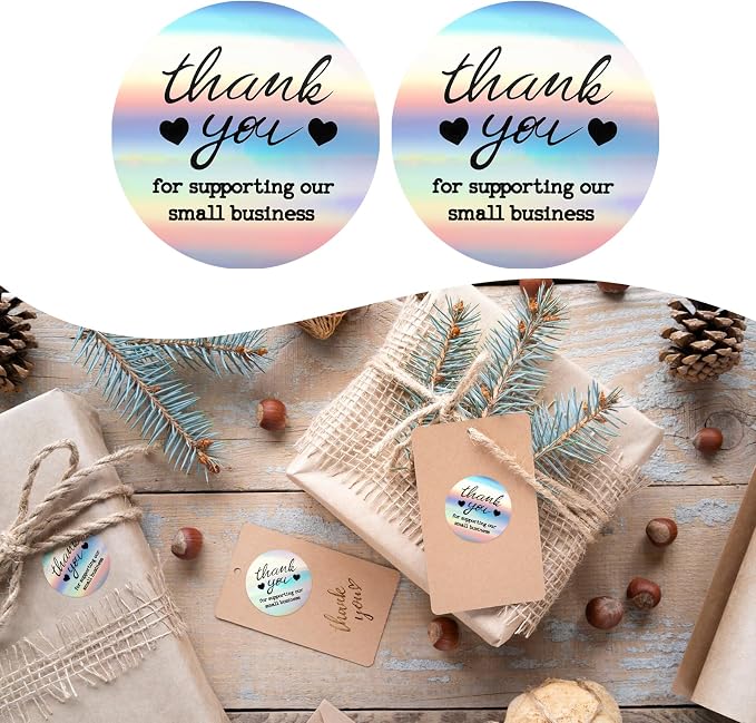 Thank You Stickers Small Business - 1.5 Inch 2 Rolls 1000 Pieces Holographic Thank You for Supporting My Small Business Stickers for Envelopes, Bubble Mailers and Gift Packaging, 500 Pieces Each Roll