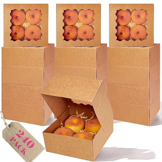 qiqee Auto-pop Up 240pcs Brown Bakery Box with Window 6"×6"×3" Macaron Boxes Small Donut Pastry Boxes for Party Mini Cookie Boxes