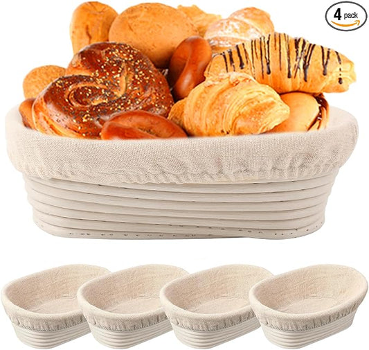 Nalcant 4 Pack Oval Banneton Proofing Basket Set 10 Inch, Natural Rattan Sourdough Bread Baskets with Linen Liners, Artisan Dough Rising Bowls for Home & Professional Bakers (10" Oval, Set of 4)