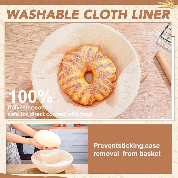 Patelai 10 Pieces Banneton Bread Proofing Basket Round Sourdough Proofing Basket Banneton Basket Dough Bowl with Liners and Scrapers for Home Making Bread Bakers Baking(9 Inch)