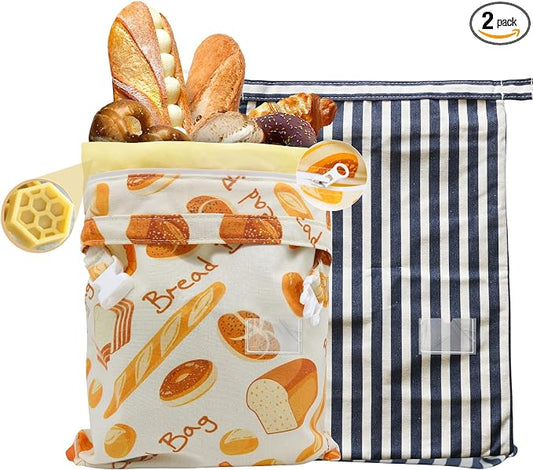 2 Pack Beeswax Bread Bags for Homemade Bread, Sourdough, Reusable Bread Bag XL Eco-Friendly Fresh Food Storage with Buckle & Zipper, Moisture Lock, Keeps Bakes Fresh Longer