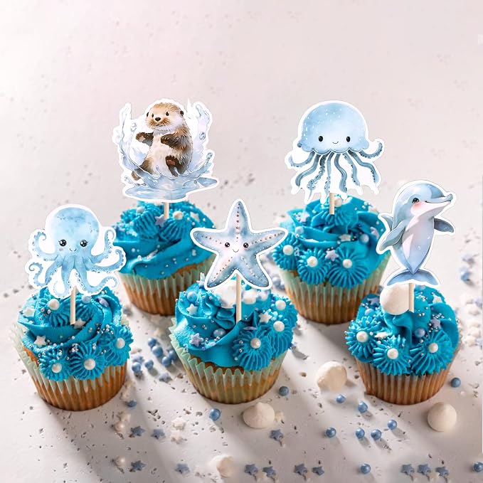 40 PCS Ocean Sea Animal Cupcake Toppers Shark Dolphin Starfish Octopus Seahorse Cupcake Picks Under the Sea Baby Shower Decorations for Under the Sea Theme Birthday Party Cake Decoration Supplies