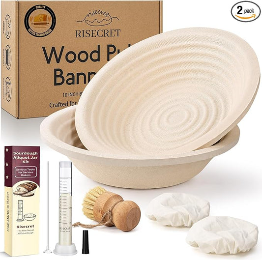 Non-Stick 9" Round Wood Pulp Banneton Bread Proofing Basket Set Of 2 With Aliquot Jar, Sourdough Banneton Basket Set, Bread Making Tool Brotform Sourdough Bread Baking Supplies