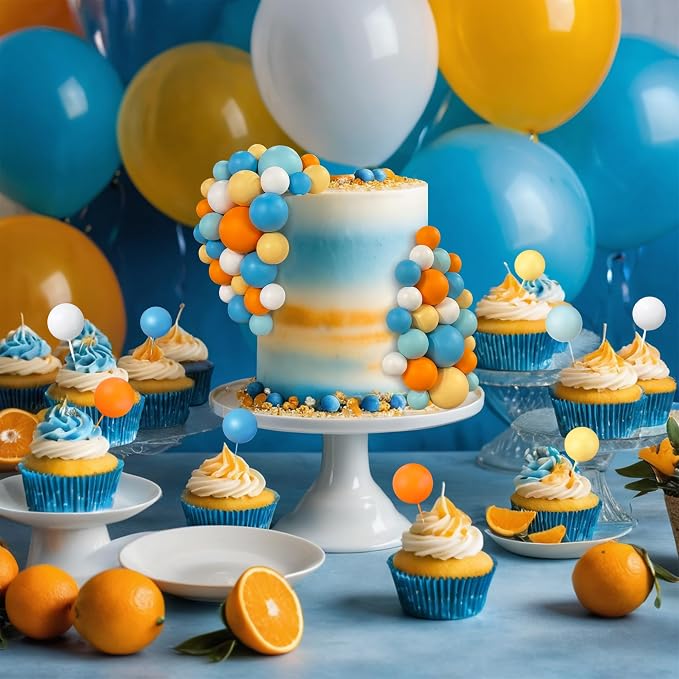 56 PCS Colorful Ball Shaped Cake Topper Pearl Balls Cupcake Cake Insert Topper for Birthday Party Wedding Decoration Supplies (Orange Blue)