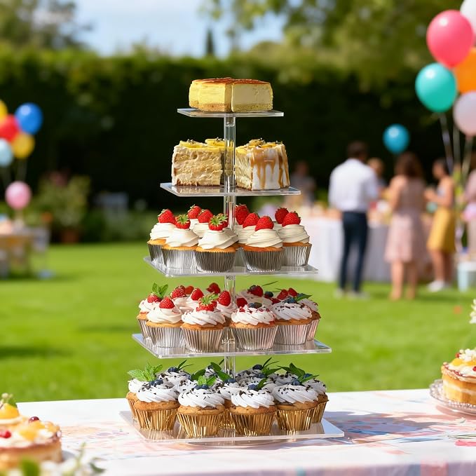5-Tier Rotating Cupcake Stand, Clear Acrylic 360° Spinning Dessert Display Tower for Cakes & Pastries, Serving Stand for Weddings, Birthdays, Parties - Square