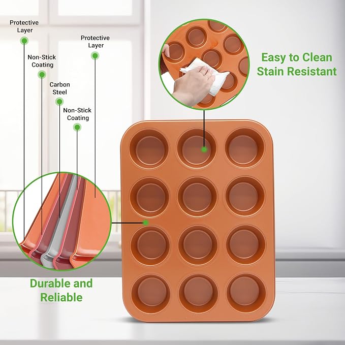 NutriChef 12-cup Copper Oven Muffin Pan, Non-Stick Coated Layer Surface, Even Heating Muffin Tray for Muffins, Cupcakes, Pastries & Mini Pies, Used for Model Number NCBSCC54