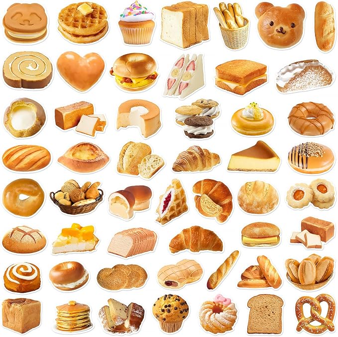 50pcs Cute Bread Stickers Food Stickers, Waterproof Scrapbook Aesthetic Sticker for Water Bottles Computer Laptop Scrapbook Daily Planner Junk Bullet Journaling Decorative Supplies