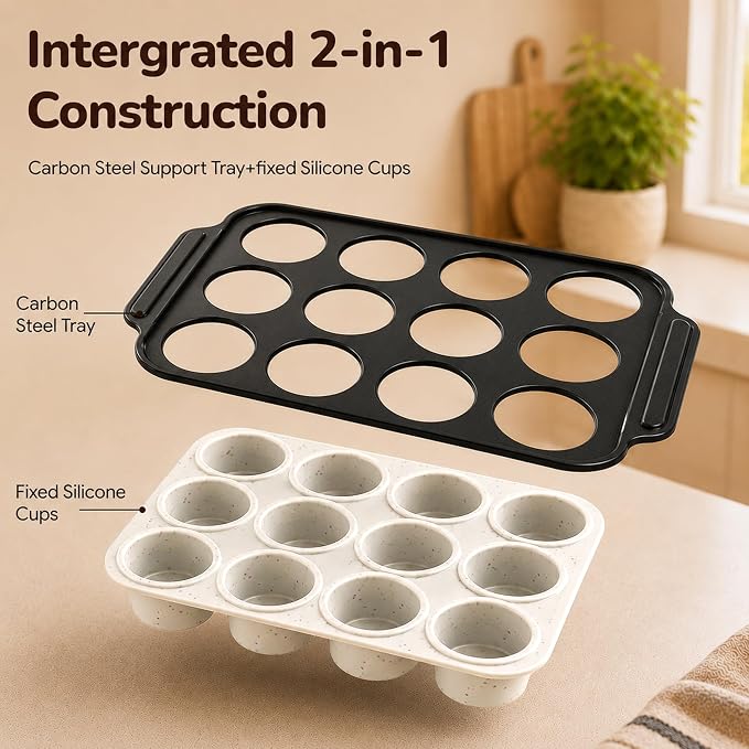 2 PCS Silicone Muffin Pans for Baking with Metal Reinforced Frame, Muffin Tin Egg Bites Mold 12-Cup Regular Size, Nonstick Muffin Tray Easy to Pop Cupcake Pan for Oven Safe - White