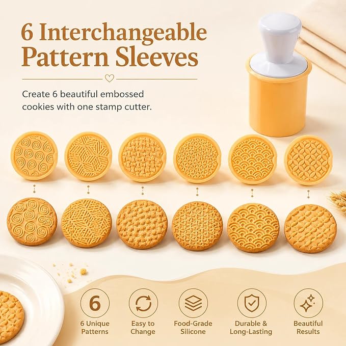 Silicone Cookie Stamps Set for Baking - Geo Geometric Figure Cookie Stamps with Handle and 6 Silicone Stamps High Heat Resistant to 480°F Yellow Color | Geometric stamp patterns; 2.75 in round cutter; compact nesting case for baking, fondant and biscui...