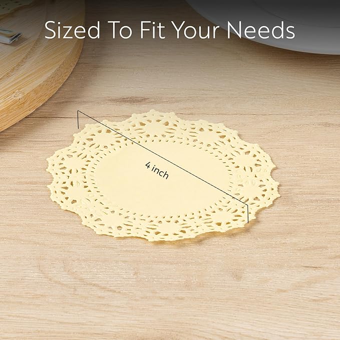 Pastry Tek 4 x 4 Inch Paper Lace Doilies, 4000 Disposable Table Doilies - Elegant Lace Finish, Long Lasting, Yellow Paper Doily, for Pastries, Cupcakes, Desserts - Restaurantware