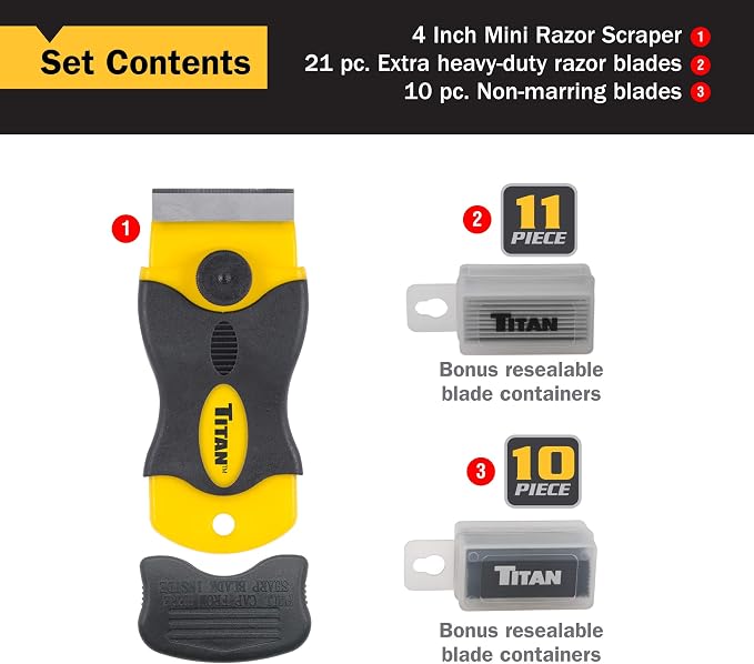 Titan Tools 17013 4-Inch Mini Razor Scraper with (10) Non-Marring Plastic Blades and (11) #20 Steel Blades