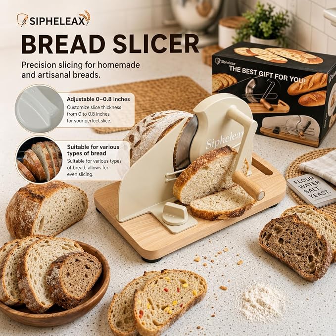 Manual Adjustable Sourdough Bread Slicer for Homemade Bread | Homemade bread and sourdough rounds, hand crank control, wall-mount storage, 0-0.8 in slices, no assembly, 420U6 blade