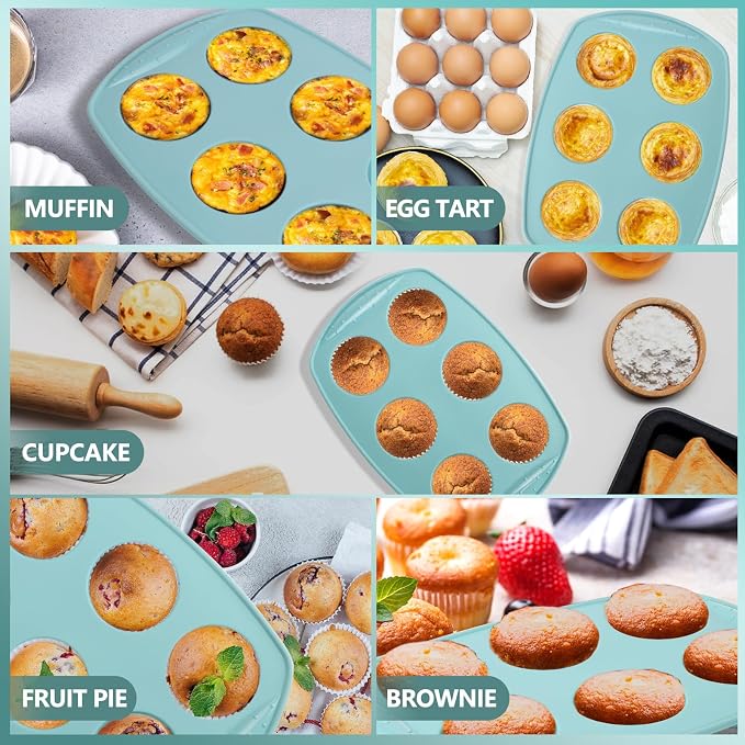 6-Cavity Silicone Muffin Pan, Circular Shape Non-Stick Baking Mold for Cupcakes, Egg Tarts, Fruit Pies, Brownies, Oven & Dishwasher Safe (-104°F to +446°F), BPA-Free Flexible Bakeware - Nordic Blue