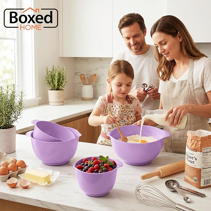BoxedHome Nesting Plastic Mixing Bowl Set, 4 Piece Mixing Bowl Set with Pour Spouts, Size 1.7, 2.5, 3.5 and 4.5qt, for Prepping, Mixing, Baking, Cooking(2023 New Version, Purple)