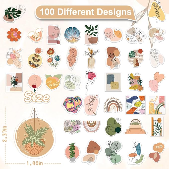 100 Pcs Bohemian Stickers for Scrapbooking, Waterproof Vinyl Boho Hippie Mandala Aesthetic Stickers for Laptops Water Bottles Journals, Decorative Decals for Teens Students Adults